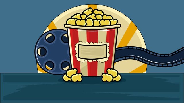 Popcorn and film reel cartoon animation backgrounds video . Movie Strip Cinema Snack Entertainment Icon Movie Night Theater for entertainment animated footage motion graphic illustration design