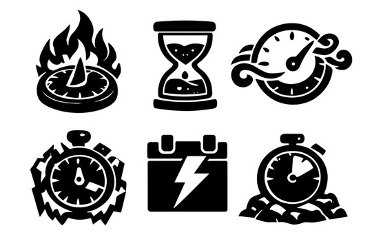 Elemental Timepieces Icons. Solid style icons of Elemental Timepieces: sundial flame, hourglass water, clock breeze, stopwatch