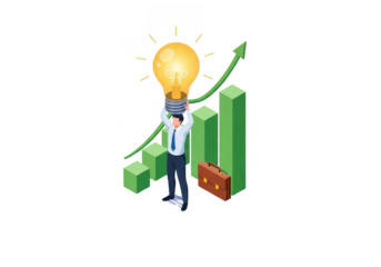 Businessman with lightbulb idea on graph isolated on transparent background