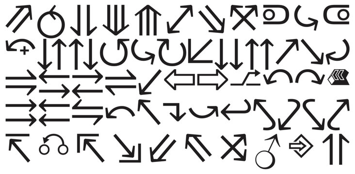arrow linear icon set. vector thin line, up, right arrow, horizontal arrow, right, diagonal left chevron, left, switch icons.
