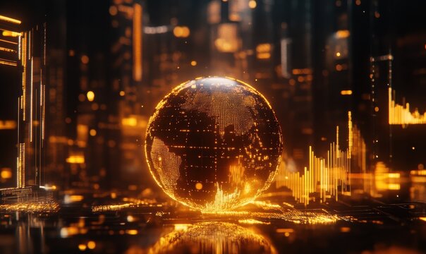 Globe surrounded by glowing financial charts, symbolizing interconnected economies and globalization, futuristic lighting with dynamic shadows, - Powered by Adobe