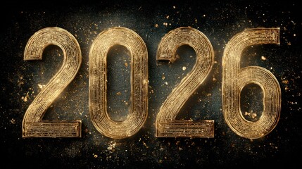 Happy New Year 2026 with beautiful textured gold numerals and elegant festive lighting