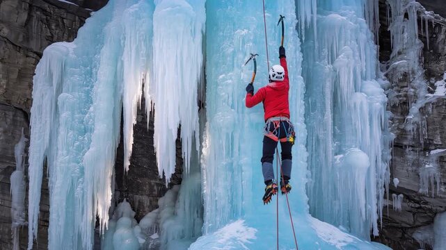 Adventurous Ice Climber Navigates Frozen Waterfall Utilizing Ice Axes and Crampons in Cold Mountain Terrain. Video made using Generative AI.