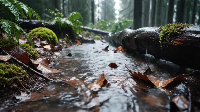Rain lashes down on a dense forest floor creating a shimmering stream with fallen leaves and mossy logs