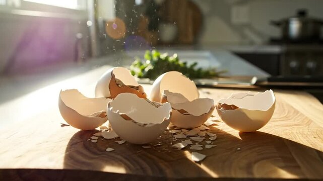Close-up of cracked eggshells on a wooden cutting board in a sunlit kitchen with a blurred background