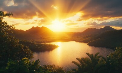 Golden rays of sunset illuminating a tranquil lake surrounded by lush greenery, creating a serene and timeless landscape.