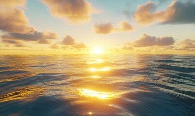 Fototapeta premium Golden sunrise over a tranquil ocean, with soft waves reflecting the sky's warm colors.