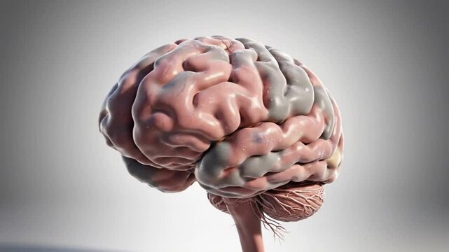 Rotating illustration of a human brain; anatomical representation against a neutral backdrop