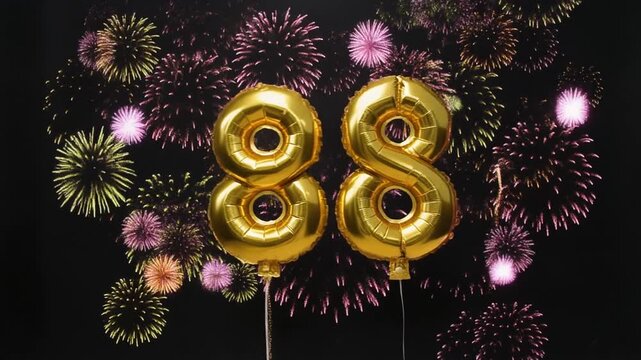 Gold balloon number 88 with fireworks in the background. Festive scene for birthday or anniversary party