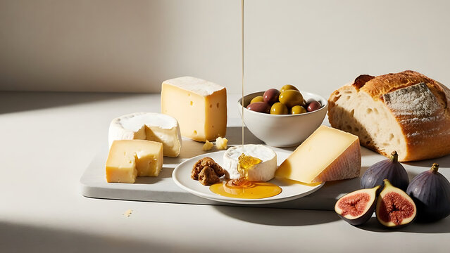 Gourmet cheese platter with figs, nuts, olives, honey, and crusty bread, perfect for a sophisticated gathering - Powered by Adobe