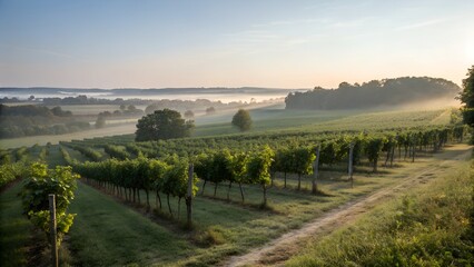 Vineyard landscape at sunrise with foggy valley and rolling hills