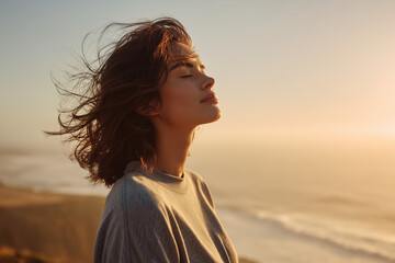 Young woman on a windswept cliff at sunset, eyes closed as she breathes the salty ocean air, embracing peaceful coastal calm and golden light