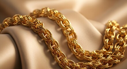 A creatively enhanced rephrasing of 24k gold chain draped over silky champagne fabric with warm diffused glow, depicted with richer detail and a more artistic presentation.