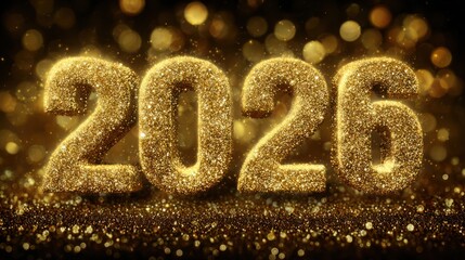 Happy New Year 2026 with golden 3D numbers, glitter, and glowing bokeh background