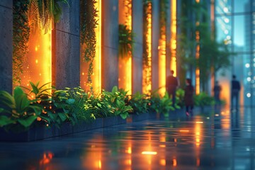 Vibrant Urban Walkway with Glowing Architectural Pillars and Lush Greenery