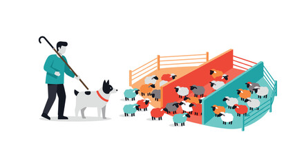 Shepherd with a dog expertly sorts a flock of sheep into different colored pens, a metaphor for audience segmentation.