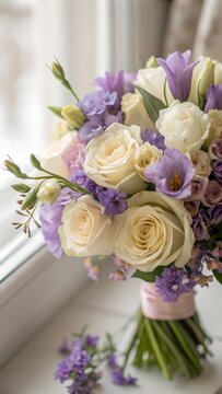 Beautiful bouquet of white roses and purple flowers on a windowsill
