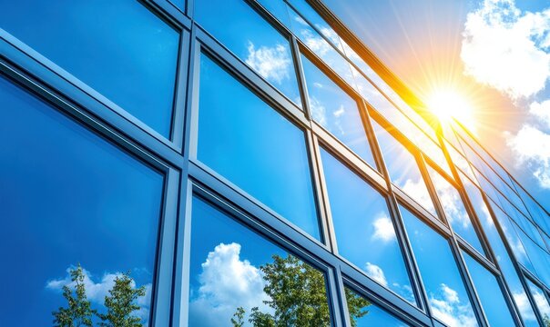 High-rise glass windows reflecting the sun and sky, capturing modern architectural brilliance and transparency,