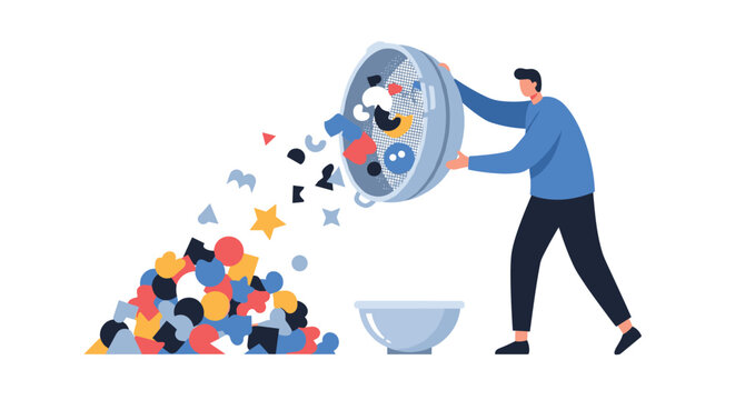Man using a large sieve to filter and sort a pile of colorful, diverse geometric shapes, representing data filtering and analysis.