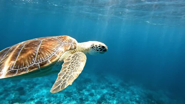 A sea turtle glides through sunlit blue ocean water with the seabed faintly visible below and light rays streaming from the surface