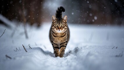 A mature cat walking through the snow, a confident look ahead