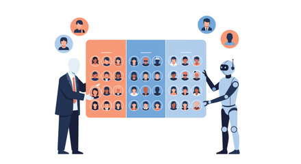Businessman and an AI robot collaborate on audience segmentation, organizing diverse user profiles into distinct target groups.