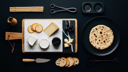 A delightful artisan cheese and flatbread platter with crackers and olives.