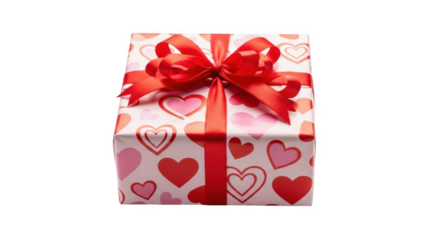 Square gift box with red ribbon and heart pattern on black background present valentine