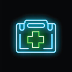 Obraz premium Glowing neon first aid kit icon shining on a black background