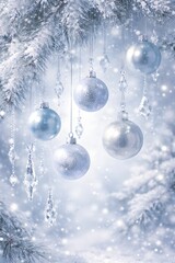 Silver and white christmas ornaments hanging from snowy branches