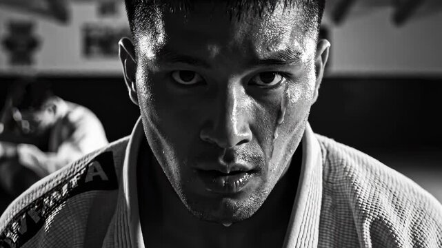 Focused Jiu Jitsu Athlete Looking Intensely After Training in Black and White