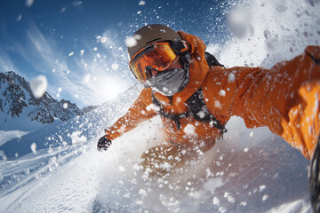Snowboarder carving through deep powder on sunlit alpine slopes — adrenaline action selfie in orange jacket and mirrored goggles