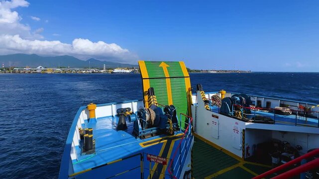 Bali, Indonesia - August 27, 2025: Car and passenger ferries cross the Bali Strait from Gilimanuk Harbor to Ketapang Harbor. View of the strait from the ferry deck. 4К