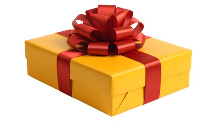 A bright yellow gift box adorned with a vibrant red ribbon and an elegant bow, perfect for any special occasion