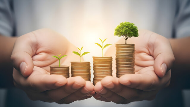 Hands nurturing stacks of coins with growing plants symbolizing financial growth and sustainability