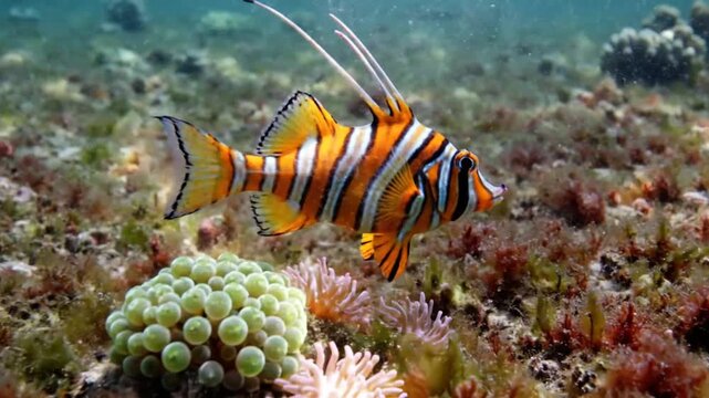 Striking underwater view of a colorful juvenile longfin bannerfish swimming near coral reef and seabed flora