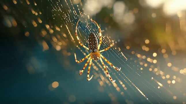 Spider Hanging on Web Backlit by Golden Sunset Light with Bokeh