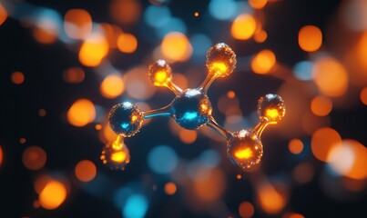 Intricate model of a sugar molecule glowing in vibrant orange and blue hues against a sleek black backdrop for a scientific edge.
