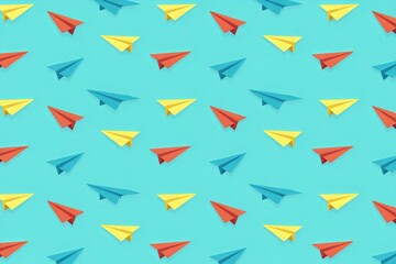 A colorful pattern of paper airplanes on a blue background