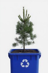 A small pine tree grows in a blue recycling bin with soil