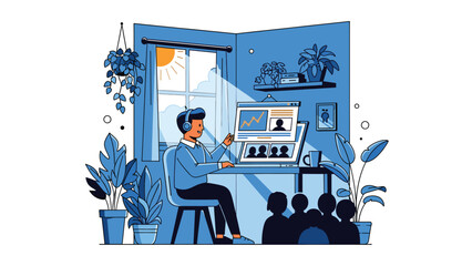 Remote worker presenting to virtual team in modern home office