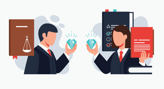 Male and female lawyers with legal books and documents each holding a valuable diamond, representing high-value legal services. - Powered by Adobe