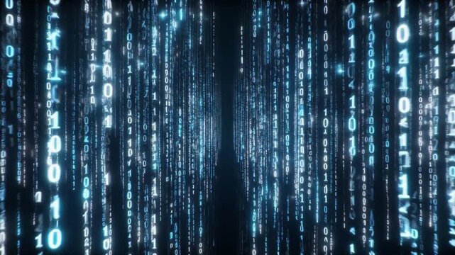 Digital binary code data stream falling in a futuristic technological background.