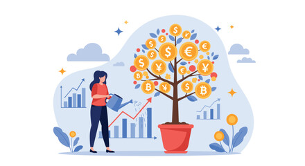 Young woman watering a money tree in a pot with dollar, euro, yen, and bitcoin symbols representing modern financial growth.