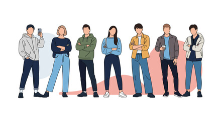 Group of diverse men and women standing together in casual clothing, representing teamwork and community in a modern style.