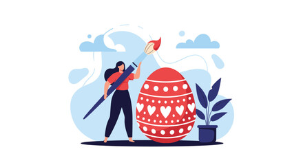 Woman using a giant paintbrush to decorate a large red Easter egg with white heart patterns and dots in a creative scene.