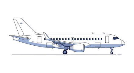 Modern white commercial airplane parked on a runway with its landing gear down, depicted in a clean technical illustration.