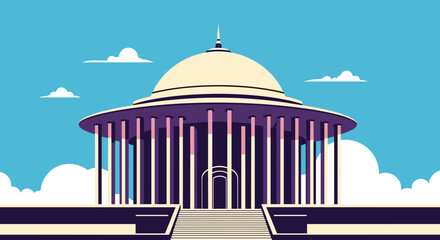 Grand modern architecture of a government or public building with a large dome and columns against a clear blue sky.