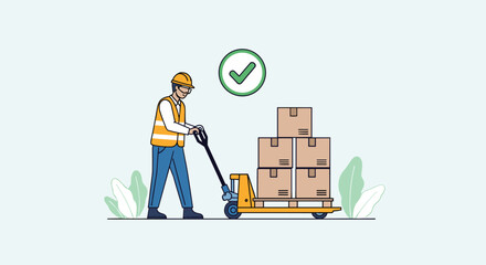 Male warehouse worker wearing a safety vest and helmet moving boxes with a manual pallet jack and a green checkmark.