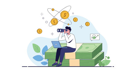 Businessman sitting on stacks of cash while using binoculars to search for new financial opportunities and investments.